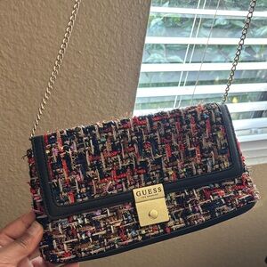GUESS Colorful Tweed Crossbody Bag with Gold Chain